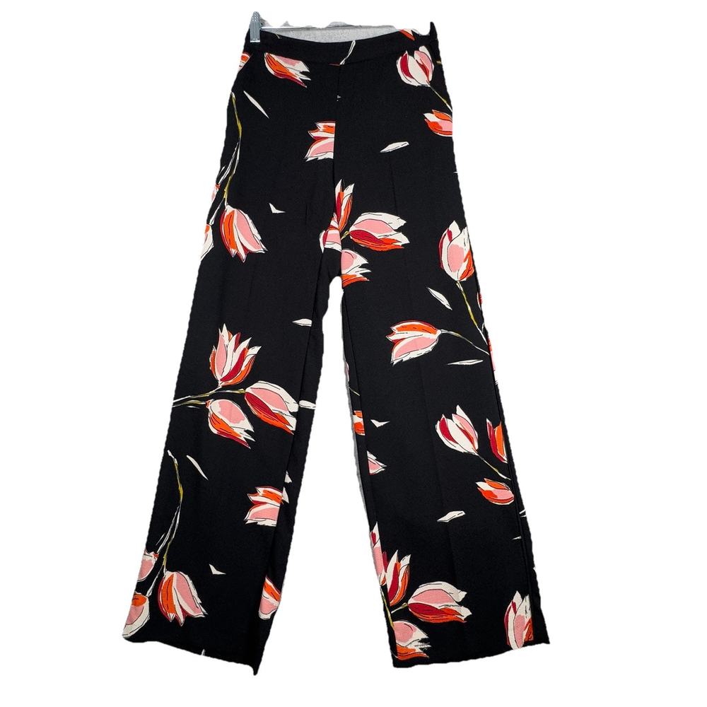 Zara Pants Womens XS Black Pink Floral Tulips Wide Leg Cottagecore Dark Bohemian